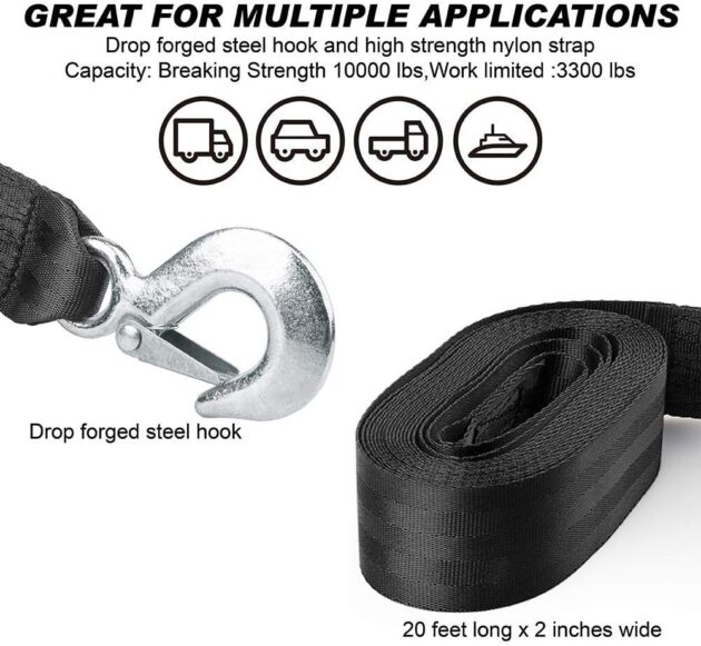 Caiman 2 Inch 20 Feet Trailer with Hook Heavy Duty Strap 3300 lbs Load Capacity for Boat Jet Ski - Image 3